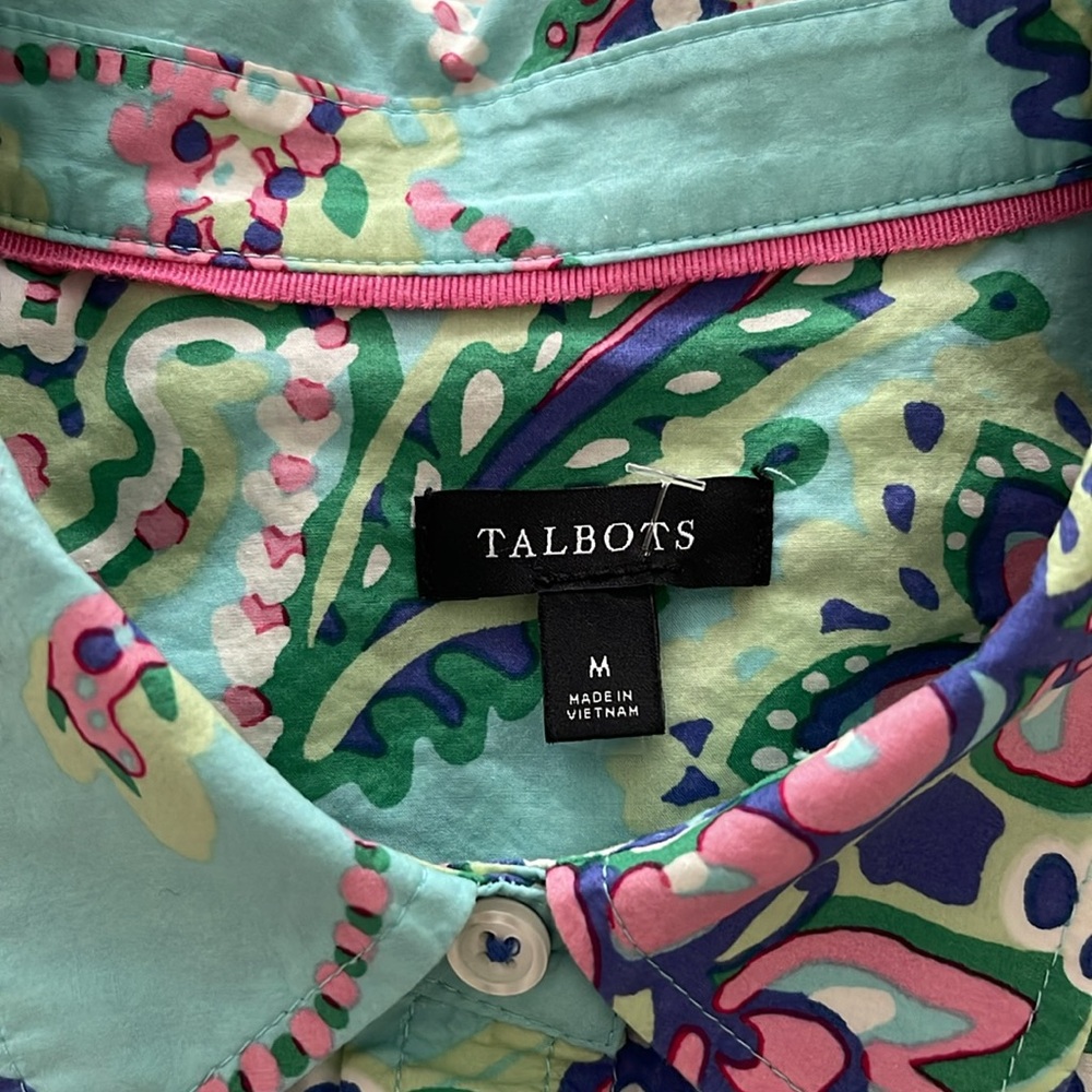 Talbots 100% Cotton Mint Green Paisley Button-Up Shirt with Pink n Navy Accents - Picture 4 of 12